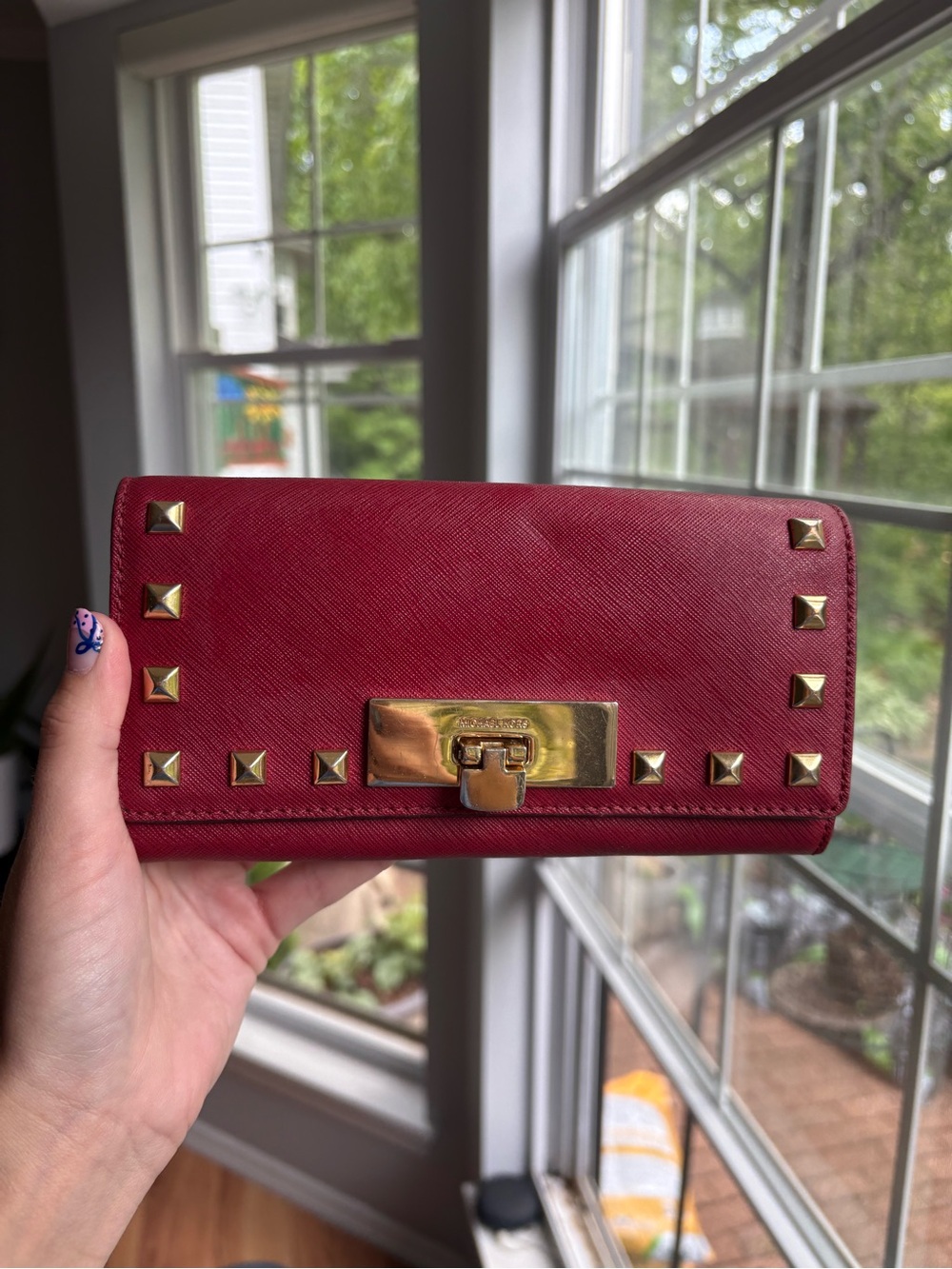 Michael Kors Callie Studded carryall Red Saffiano Leather Wallet with Gold Studs